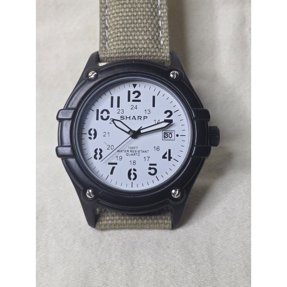 Sharp Field Watch- New Old Stock, White Dial, Date, Unworn Canvas Strap!